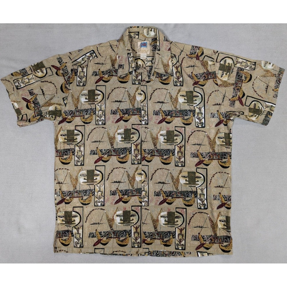 Kahala Avi Shirt Mens Large Brown Hawaiian Tribal Tiki Aztec Vintage Tropical
